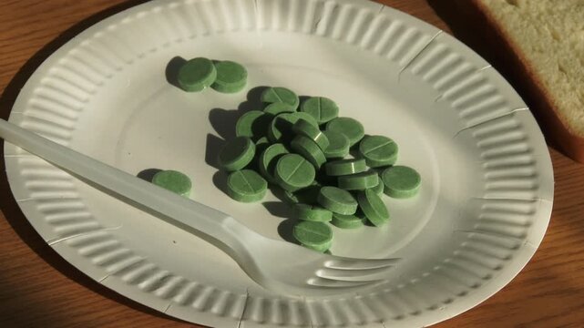 Zoom on green pills on a paper plate with a fork and bread.
