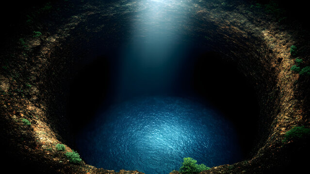 Sunlight beaming down into a deep dark underground cave with crystal blue water