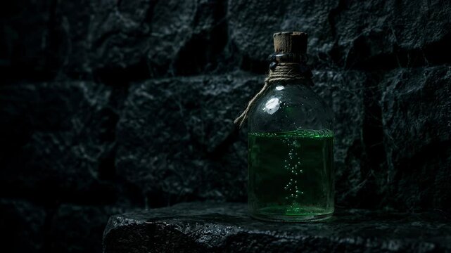 Green glowing potion bubbling in glass bottle on stone ledge in dark dungeon. Witch elixir and magic brew concept. Halloween and Day of the Dead horror theme. Mystic wizard apothecary