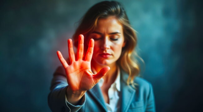 A businesswoman uses her palm to signal "stop" against harassmen