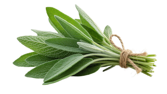 Fresh green sage herb bundle tied with rustic twine