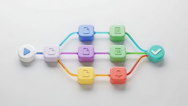 Colorful workflow diagram featuring multiple interconnected blocks and glowing tubes conveying digital data on clean background