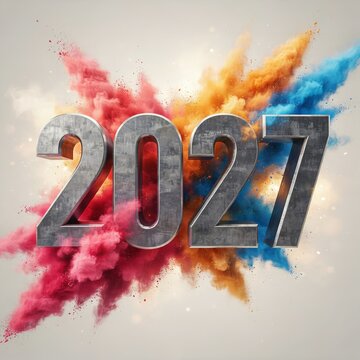 Metallic numbers twenty twenty seven floating above vibrant exploding colored powder clouds creating dynamic celebration scene