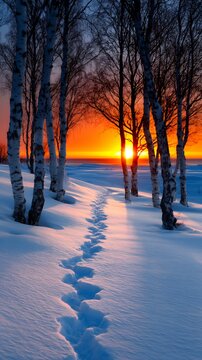 Winter solstice snowy trail between birch trees toward orange sunset