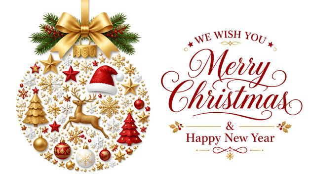 Christmas Ball Build Of Vairous Christmas Decoration And Ornaments. English Text Merry Christmas And A Happy New Year. Fir Branch With Riboon And Bow. White Isolated Background