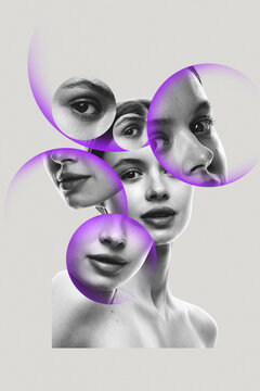 Reflective woman appearing through curled purple portrait fragments on pale background. Beauty editorial, self discovery, personal development concept.