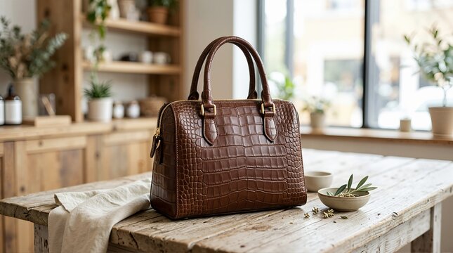 Brown crocodile embossed leather handbag on a rustic wooden table. Women textured purse with dual top handles beside ceramic bowls and linen