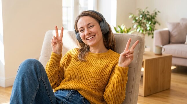 Smiling woman in yellow sweater wearing headphones
