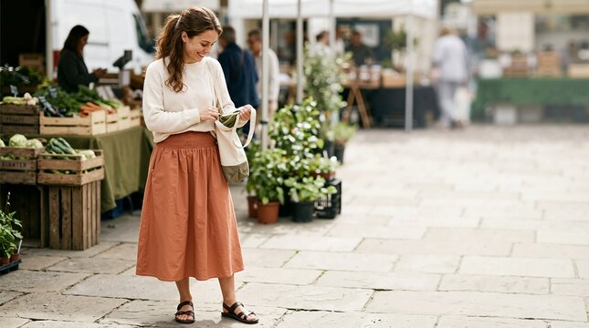 Smiling woman wearing an elastic waist midi skirt at an outdoor market. Young female shopping with a tote bag at a farmers market