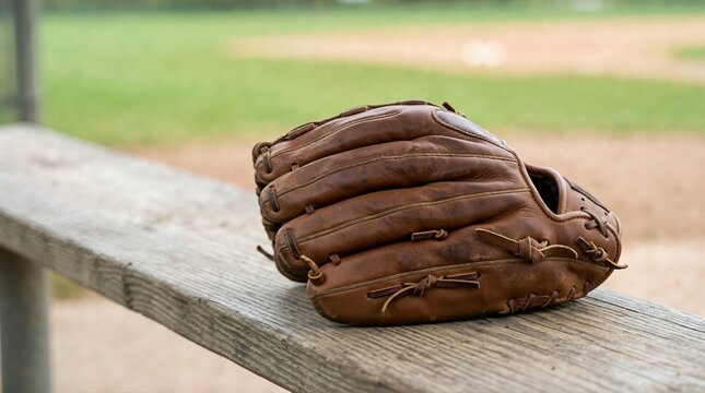 Brown leather baseball glove on a wooden bench. Softball mitt resting in a dugout overlooking a sports field