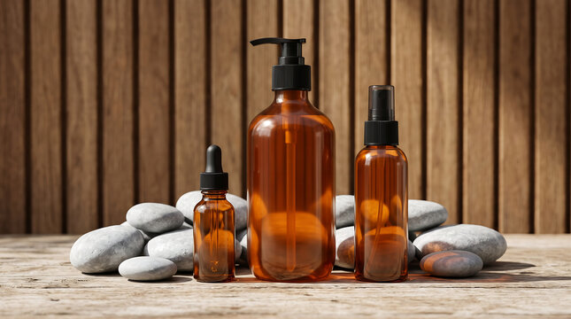 Amber glass cosmetic bottles arranged with smooth river stones on a wooden surface with a slatted wall background