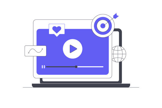 Content Promotion Video Marketing and Audience Target Advertising. Laptop Screen Displaying Video Player with Target Board and Social Media Engagement Badge. Flat Cartoon Vector Illustration, icon 