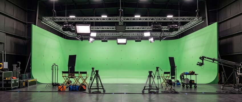 Professional television studio with large green screen stage. Film production soundstage equipped with lighting truss, cameras and chairs