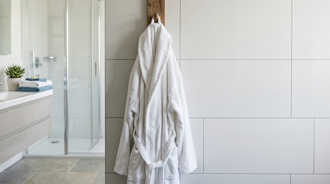 White terry cloth bathrobe hanging on wall hook in modern bathroom. Plush cotton dressing gown with copy space next to walk-in shower