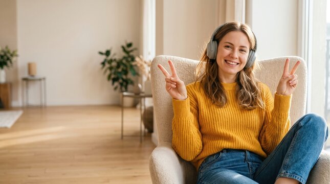 Smiling woman with headphones on cream armchair