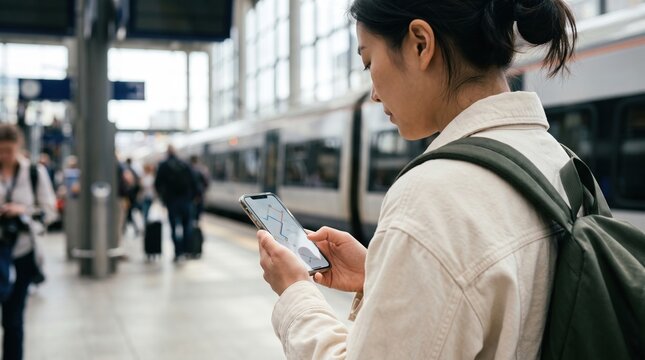 Woman viewing route on phone beside station train