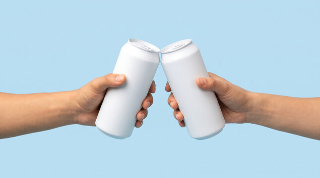 Two hands holding blank white aluminum cans clinking together for a toast against a solid light blue background