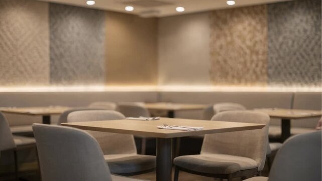 Minimalist restaurant dining room with warm ceiling lighting and upholstered seating, symbolizing modern interior design for hospitality and dining experiences