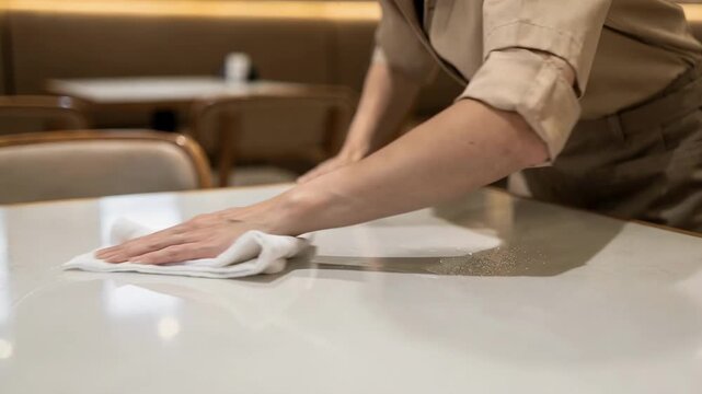 Restaurant employee wiping a white tabletop with a cloth beside booth seating before guests arrive, concept of dining hygiene and restaurant cleanliness standards