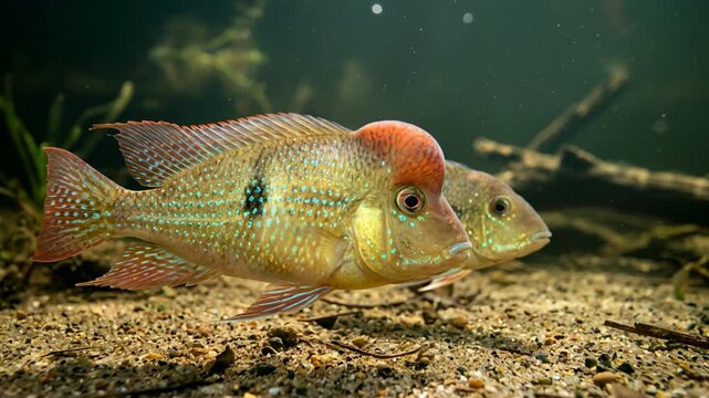 two redhump eartheater cichlids underwater close up at morning light in the orinoco river basin south america video