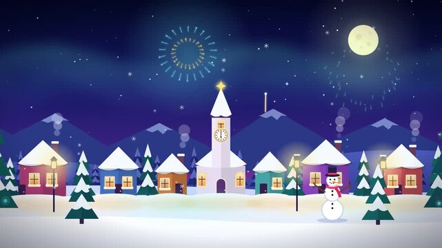 Animated flat vector winter village at night with colorful New Year fireworks bursting in a starry sky. Falling snow in three parallax layers drifts past cozy houses whose windows light up one by one,