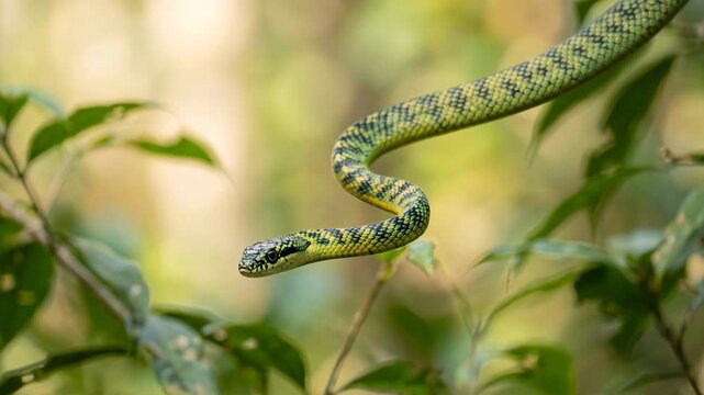 paradise flying snake close up at morning light in kaeng krachan national park thailand video