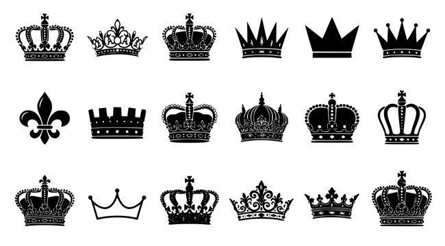 Black Royal Crown Silhouette Icons, King and Queen Glyph Collection