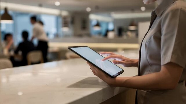 Restaurant staff member checking a guest's order on a tablet at a sleek counter service station, concept of digital ordering and modern hospitality technology