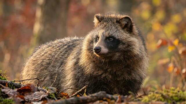 raccoon dog close up at autumn morning light in hokkaido japan video