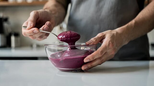 Barista pouring purple acai puree into a clear glass bowl with hands in a bright kitchen, concept of healthy food preparation, acai bowl making and wellness breakfast