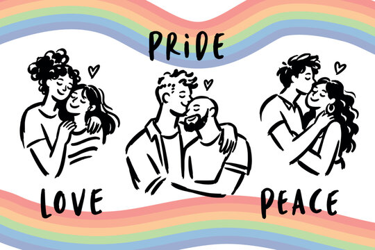 LGBTQ Pride Month Love Is Love Hand Drawn Poster with Queer Couples and Pastel Rainbow