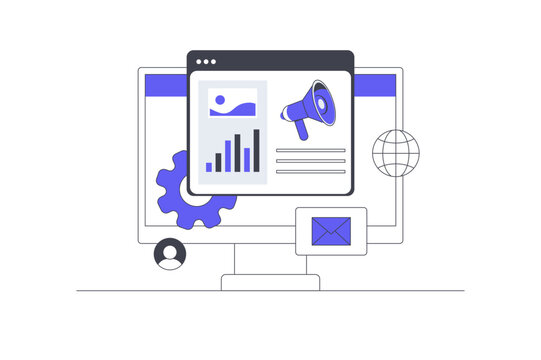 Automated Marketing Campaign and Digital Multi Channel Promotion. Computer Screen Displaying Analytics Charts Megaphone Envelope Mail and Settings Gear. Flat Cartoon Vector Illustration, icon Stylish