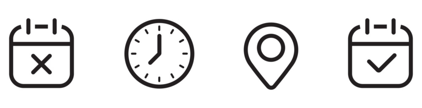 Minimalist calendar and schedule icon set, black outline event icons for UI UX design, time location and agenda vector symbols
