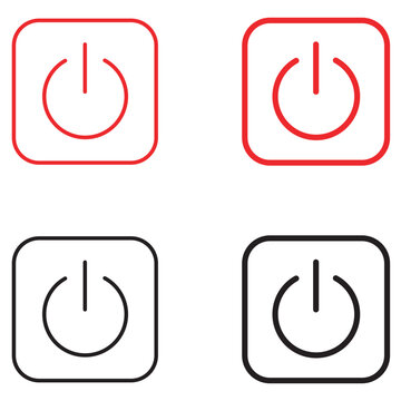 Power button icon set in line art style, red and black turn off symbol vector, minimalist standby power switch buttons for app interface design