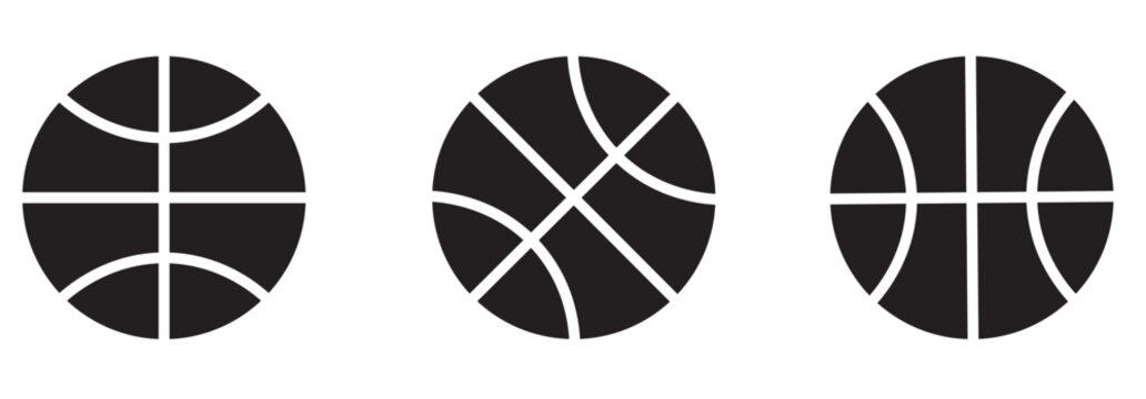 Basketball icons set, black minimalist sports ball vector illustrations, basketball line art graphics for logo design