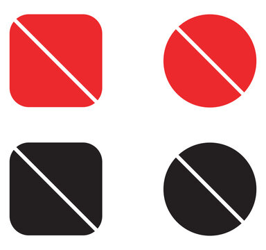 Scuba diving flag icon set, red and black diver down symbols, square and round scuba flag vector graphics