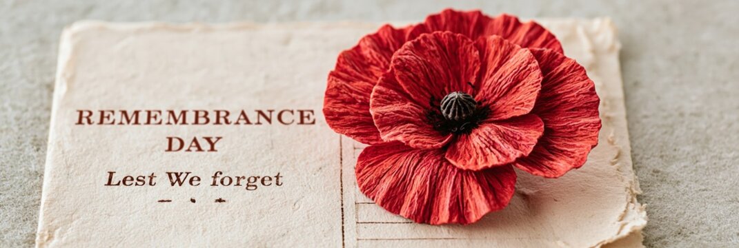 Remembrance Day red poppy flower on vintage paper with Lest We Forget text, memorial tribute concept