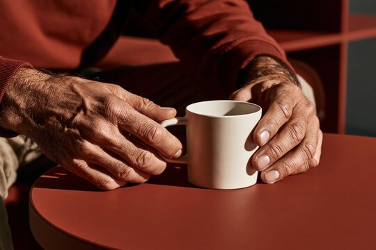 Man hands placing plain ceramic mug on round table in oxblood color drenching living room, everyday morning ritual