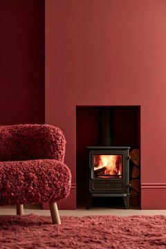 Color drenching living room with matte blackberry walls and black cast iron wood stove. Cozy interior design featuring wool chair and recessed firewood niche for home decor inspiration