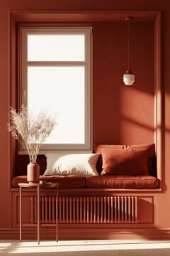 Window side relaxation zone with color drenching interior design in smoky terracotta. Fitted bench seat with linen cushions and small side table in family apartment