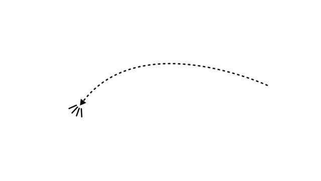 Black curved dashed arrow with motion lines indicating downward direction isolated on white background