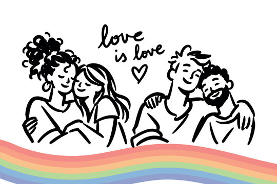 LGBTQ Pride Love Is Love Hand Drawn Poster with Lesbian and Gay Couples and Rainbow