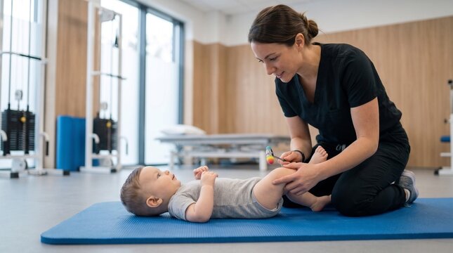 Pediatric physiotherapist examining baby leg with reflex hammer in clinic rehabilitation center.