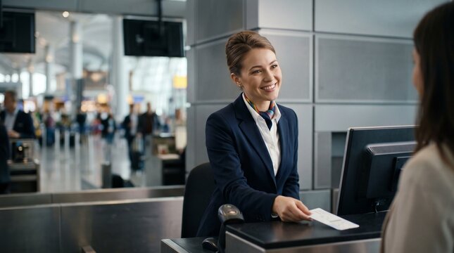 Smiling airline check in agent giving boarding pass to passenger at airport terminal desk. Travel.