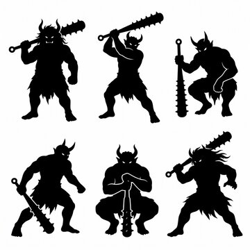 Japanese oni demon silhouette collection featuring powerful mythical horned ogres holding spiked kanabo clubs in various combat poses, isolated on white background.