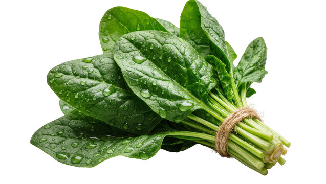 Fresh green spinach leaves bunch tied with twine with water droplets