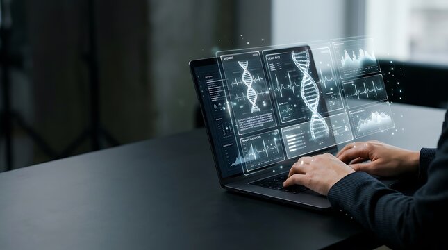 Hands typing medical dna data on laptop screen in dark modern office space