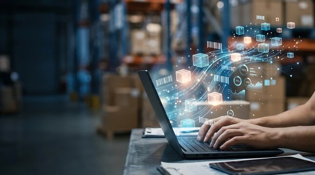 Hands typing on laptop with digital logistics tracking data in warehouse setting