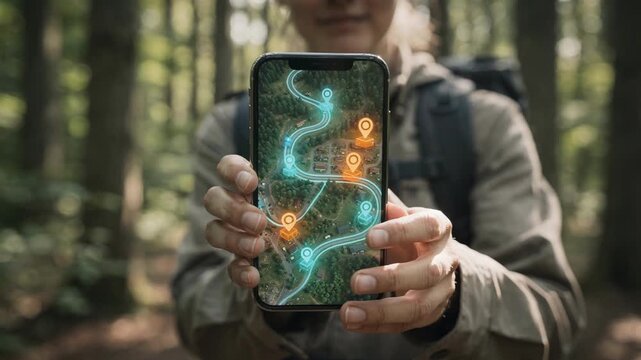 Camper holding smartphone showing augmented reality campground map with glowing 3D trail markers in a forest, concept of digital travel technology and navigation