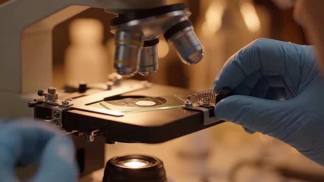 Gloved hands position a specimen slide beneath a microscope. Laboratory research and scientific analysis. Microscopy, biology and medical science.